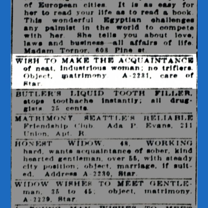 Seznamovací inzerát v osobní rubrice ve vydání deníku The Seattle Star z 13. ledna 1914