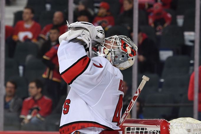 Dec 14, 2019; Calgary, Alberta, CAN; Carolina Hurricanes goalie James Reimer (47) celebrates his shutout against the Calgary Flames at Scotiabank Saddledome. Hurricanes w