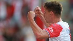 Lukáš Masopust slaví gól v odvetě 3. předkola LM Slavia - Ferencváros