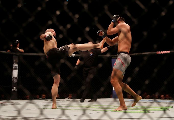 Mixed Martial Arts - Ultimate Fighting Championship - UFC - Volkan Oezdemir v Dominick Reyes - O2 Arena, London, Britain - March 16, 2019   Volkan Oezdemir in action agai