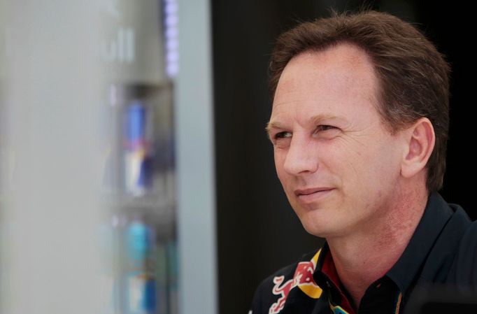 Red Bull Formula One team principal Christian Horner looks on at the team paddock before the first practice session of the Bahrain F1 Grand Prix at the Bahrain Internatio