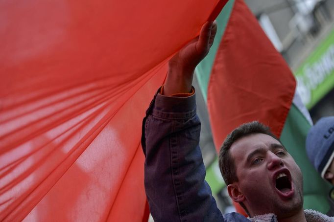 A man shouts slogans during a protest against high electricity bills in Sofia February 17, 2013. Tens of thousands of Bulgarians protested in more than 20 cities against high electricity bills on Sunday, piling pressure on the government after a week of persistent demonstrations. REUTERS/Tsvetelina Belutova (BULGARIA - Tags: ENERGY POLITICS CIVIL UNREST) Published: Úno. 17, 2013, 4:46 odp.