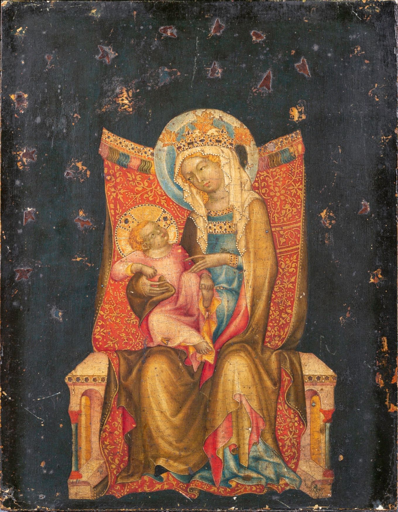 Trůnící Panna Marie s dítětem z dílny Mistra vyšebrodského oltáře