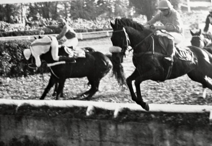 Rozhodující okamžik Velké pardubické 1986 - Valencio skáče Hadí příkop, zatímco Josef Váňa padá z Paramona.