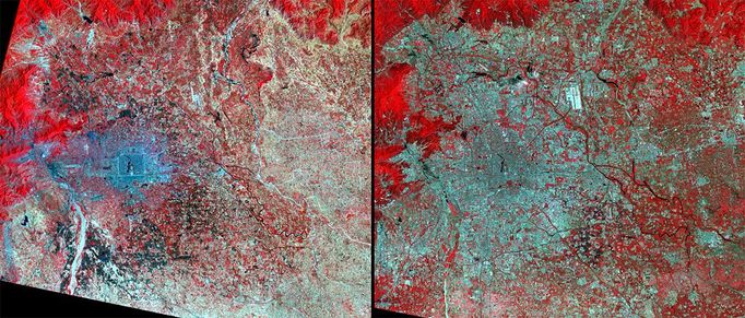 http://climate.nasa.gov/state_of_flux#Beijing_China_930x396.jpg Urban growth, China These images show the growth of Beijing from 1977 to 2011. Blue tones represent buildi