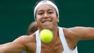 Heather Watson of Britain hits a return to Madison Keys of the U.S. during their women's singles tennis match at the Wimbledon Tennis Championships, in London June 25, 20