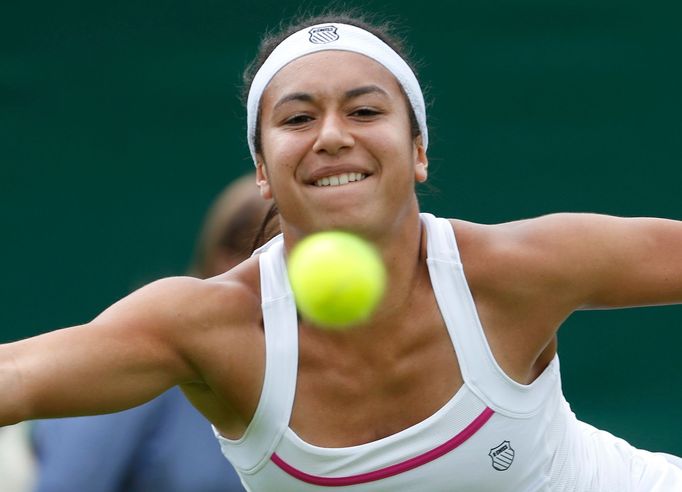 Heather Watson of Britain hits a return to Madison Keys of the U.S. during their women's singles tennis match at the Wimbledon Tennis Championships, in London June 25, 20