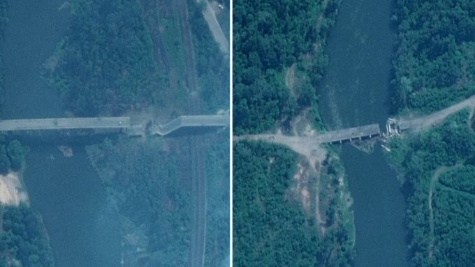 Mosty u Severodoněcku jsou zničeny, ukazují záběry. Odříznuté obránce čeká stejný osud jako v Mariupolu, tvrdí Rusové.