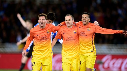 San Sebastian - FC Barcelona: Lionel Messi, Andres Iniesta a Pedro slaví Messiho gól.