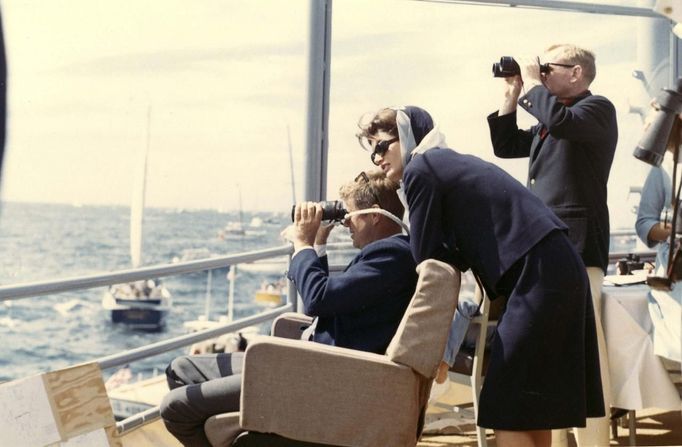 Former United States President John F. Kennedy and first lady Jackie Kennedy watch the first of the 1962 America's Cup races aboard the USS Joseph P. Kennedy Jr., off Newport, Rhode Island, in this handout image taken on September 15, 1962.