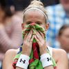 Mathilde Johansson of France sits in her seat after losing t