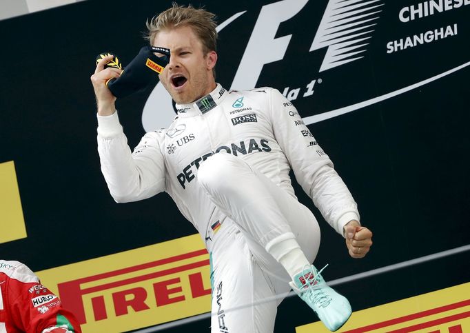 Mercedes Formula One driver Nico Rosberg of Germany celebrates after the Chinese Grand Prix.