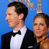 Benedict Cumberbatch and Jennifer Aniston pose backstage during the 72nd Golden Globe Awards in Beverly Hills