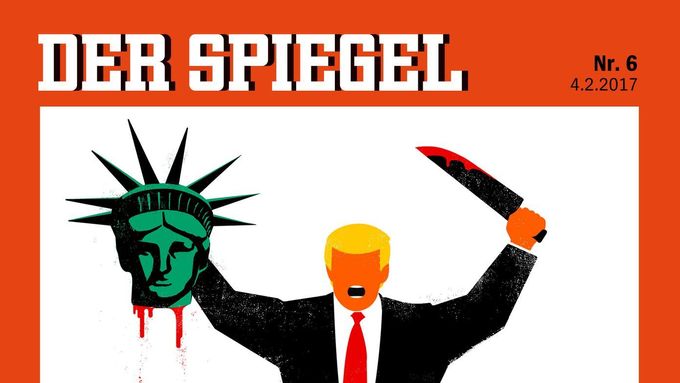 Titulní stránka sobotního vydání týdeníku Spiegel, na níž Trump setnul hlavu sochy Svobody a jež vyvolala kontroverze. "Setnul hlavu demokracii," vysvětlil autor karikatury Edel Rodriguez.