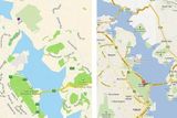 Řeka Derwent v tasmánském Hobartu. Napravo tak, jak ji zobrazují Google Maps, nalevo v podání Apple.