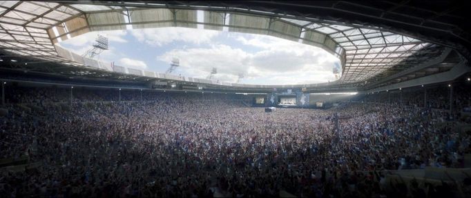 Ukázka z filmu Bohemian Rhapsody  z roku 2018, v němž díky digitálním trikům znovu ožil starý stadion ve Wembley.