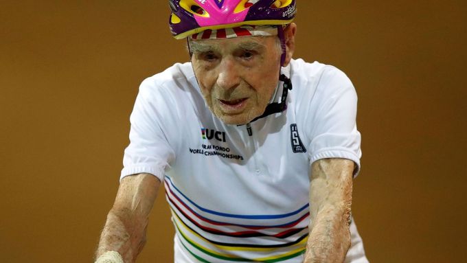 FILE PHOTO: French cyclist Robert Marchand in action at the age of 106 at the indoor Velodrome National of Saint-Quentin-en-Yvelines in Montigny-le-Bretonneux, southwest