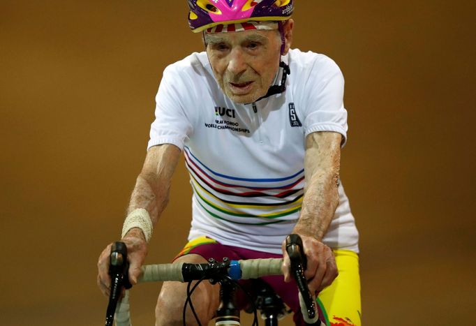 FILE PHOTO: French cyclist Robert Marchand in action at the age of 106 at the indoor Velodrome National of Saint-Quentin-en-Yvelines in Montigny-le-Bretonneux, southwest