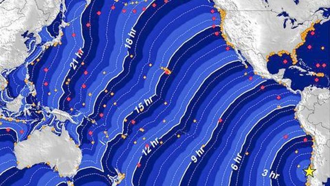 Postup tsunami po zemětřesení v Chile (v hodinách po nejsilnějším otřesu).