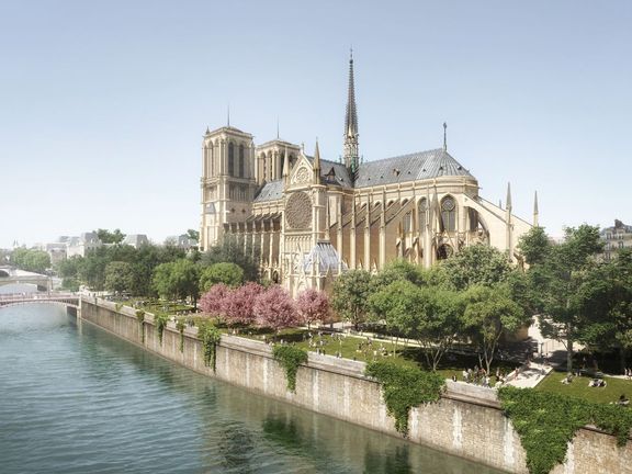 Vizualizace rekonstrukce okolí katedrály Notre-Dame.