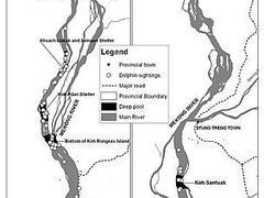 Mapa výskytu na řece Mekong (černé tečky - sídla, bílé tečky - místa pozorování delfínů)