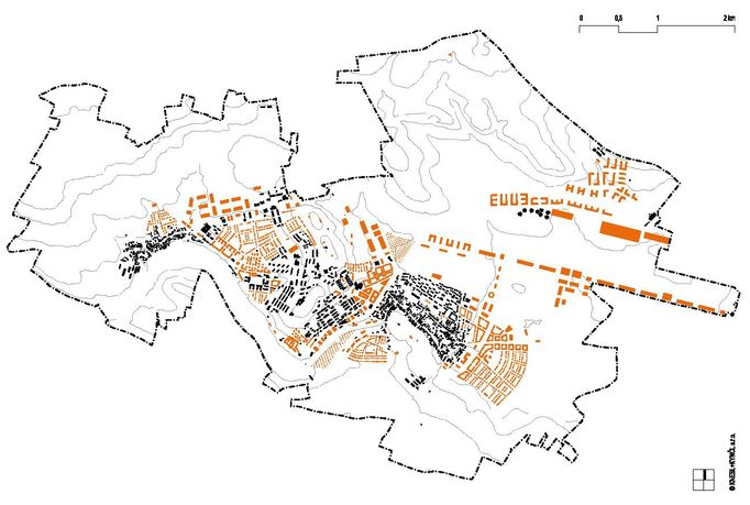 Milovice, územní plán - struktura zástavby , archiv Knesl + Kynčl architekti Ateliér Knesl + Kynčl architekti vyhráli soutěž na územní plán Milovic. Na obrázku je znázorněna možná budoucí zástavba Milovic a okolního bývalého vojenského území.