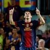 Útočník Barcelony Lionel Messi a jeho obvyklé oslavné gesto
