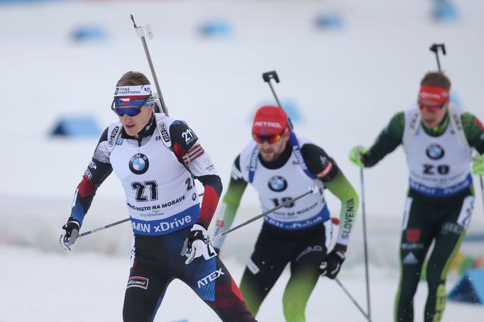 Ondřej Moravec v závodě s hromadným startem na SP v Novém Městě na Moravě 2018.