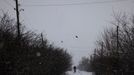 A man cycles along a road during snowfall near the front line in the Donetsk region, amid Russia’s attack on Ukraine, December 25, 2023.  REUTERS/Thomas Peter