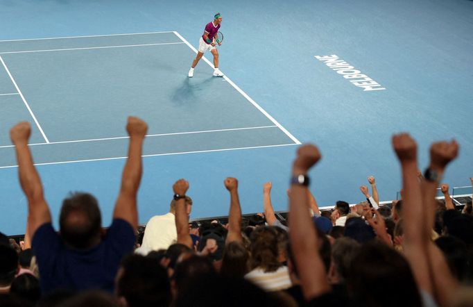 Tennis - Australian Open - Men's Singles Final - Melbourne Park, Melbourne, Australia - January 30, 2022 Spain's Rafael Nadal celebrates during the second set during the