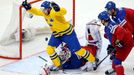 Sweden's Joakim Lindstrom (C) celebrates the goal of team mate Oscar Moller (unseen) as goaltender Alexander Salak of the Czech Republic (bottom) reacts during the first