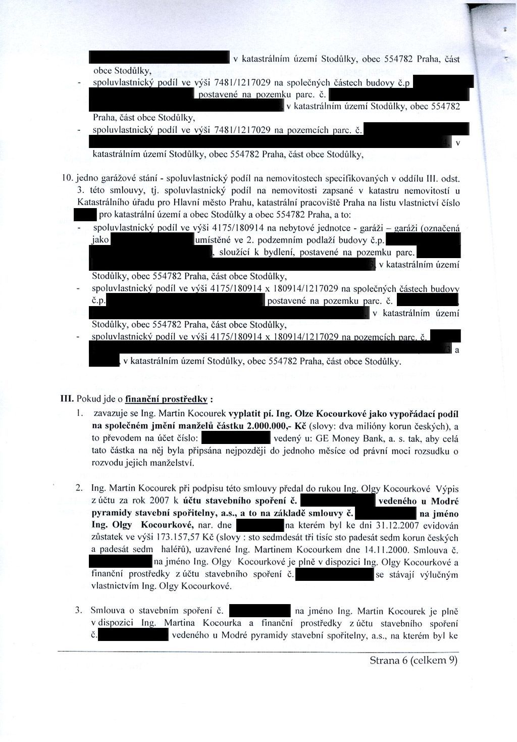 Smlouva o vyrovnání majetku manželů Kocourkových