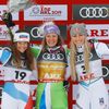 Medailistky ze sjezdu na MS 2019 v Aare: (zleva) stříbrná Švýcarka Corinne Suterová, vítězná Slovinka Ilka Štuhecová a bronzová Američanka Lindsey Vonnová