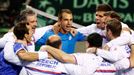 Rosol and Stepanek of the Czech Republic celebrate with their team mates after winning their Davis Cup quarter-final men's doubles tennis match against Japan's Ito and Uc