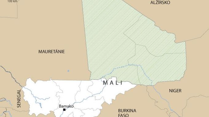 Mapa Mali znázorňuje vyšrafovaně území, které mají stále pod kontrolou islamističtí rebelové.