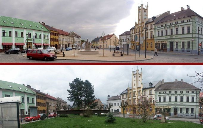 Mšeno (Středočeský kraj): revitalizace městského jádra, srovnávací foto.