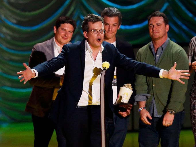 John Green and the cast of &quot;The Fault with Our Stars&quot; accept the award for Movie of the Year during the 2015 MTV Movie Awards in Los Angeles