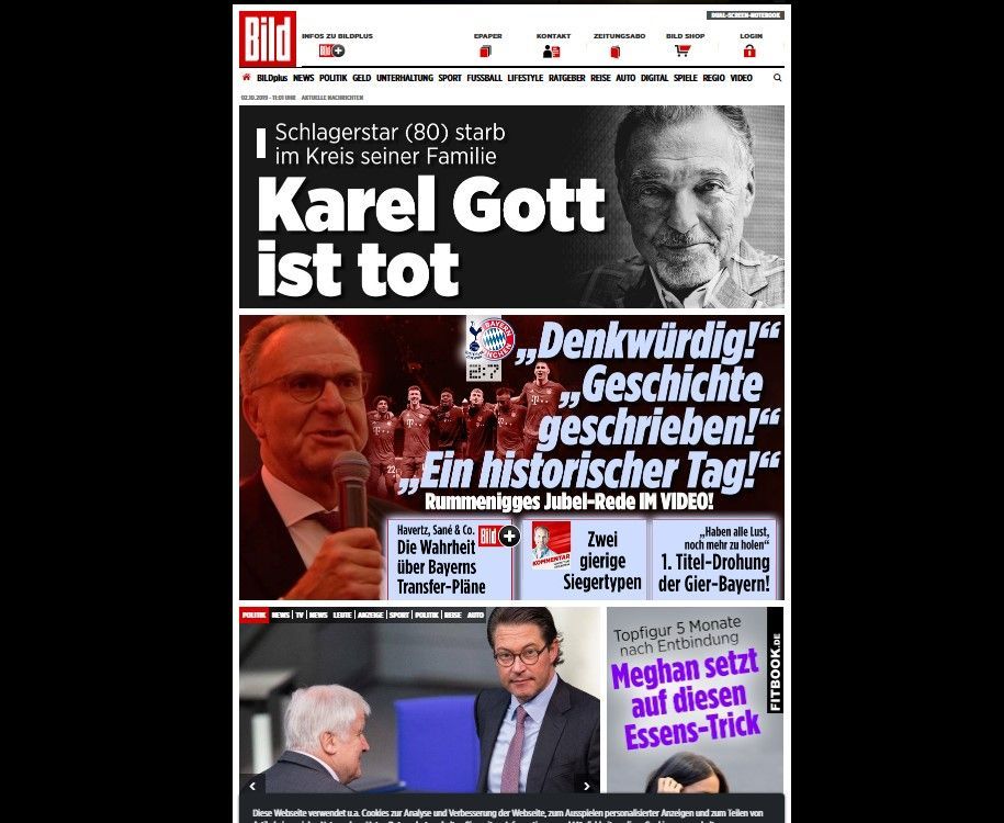 Zpráva o smrti Karla Gotta z titulní strany serveru Bild.de.