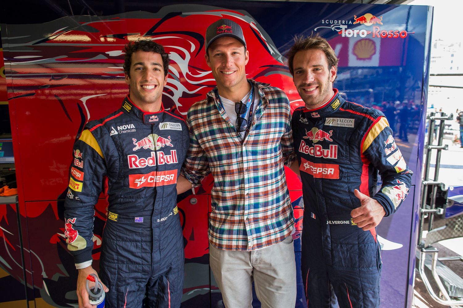 F1, VC Monaka 2013:  Daniel Ricciardo, Aksel Lund Svindal a Jean-Eric Vergne