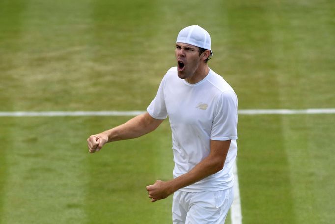 Tennis - Wimbledon - All England Lawn Tennis and Croquet Club, London, Britain - July 3, 2019  Reilly Opelka of the U.S. celebrates winning his second round match against