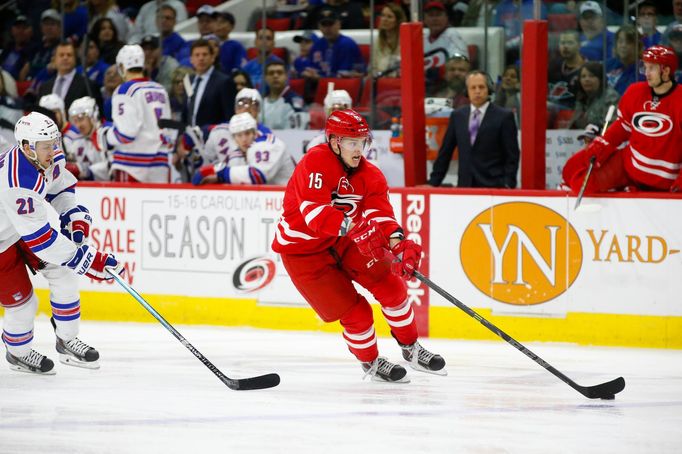 Mar 21, 2015; Raleigh, NC, USA; Carolina Hurricanes forward Andrej Nestrasil (15) skates with puck against the New York Rangers at PNC Arena. The New York Rangers defeate