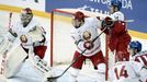 Filip Chlapik and Simon Stransky of Czech Republic and goalkeeper Ivan Kulbakov, Ilya Sushko and Sergei Romanovich of