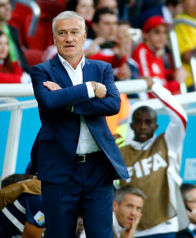 France's coach Didier Deschamps is seen after a controversial goal decision against Honduras during their 2014 World Cup Group E soccer match at the Beira-Rio stadium in