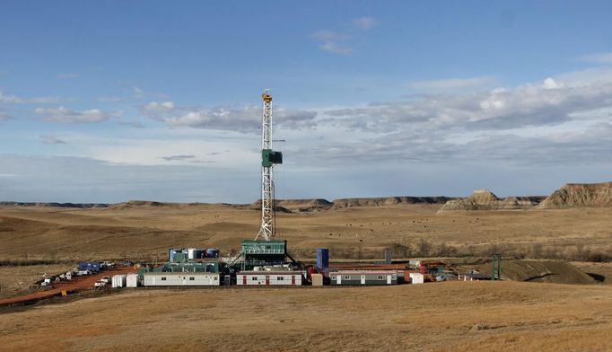 Cattle graze near a True Company oil drilling rig outside Watford, North Dakota, October 20, 2012. Thousands of people have flooded into North Dakota to work in state's oil drilling boom. Picture taken October 20, 2012. REUTERS/Jim Urquhart (UNITED STATES - Tags: ENERGY ENVIRONMENT ANIMALS BUSINESS EMPLOYMENT) Published: Říj. 22, 2012, 1:40 odp.