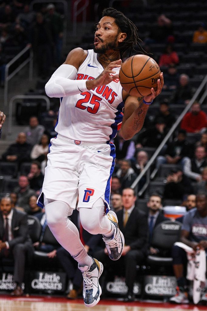 Nov 11, 2019; Detroit, MI, USA; Detroit Pistons guard Derrick Rose (25) looks to pass during the third quarter against the Minnesota Timberwolves at Little Caesars Arena.