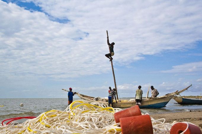 Příslušník kmene Turkanů připravuje loď k vyplutí na jezero Turkana. Jezero dříve nazývané Rudolfovo je bezodtoké a mírně slané. Leží ve Východní Africe v Keni a severním koncem zasahuje do Etiopie. Na jezeře je rozvinut rybolov.