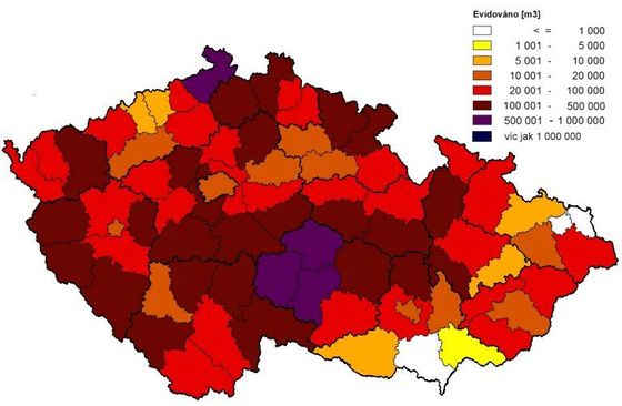 Evidovaný objem smrkového kůrovcového dříví v Česku v roce 2021.