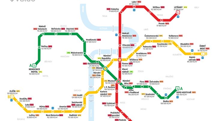 Mapa: Nejdražší je Staroměstská. Projděte si aktuální ceny bydlení podle stanic metra; Zdroj foto: Valuo.cz