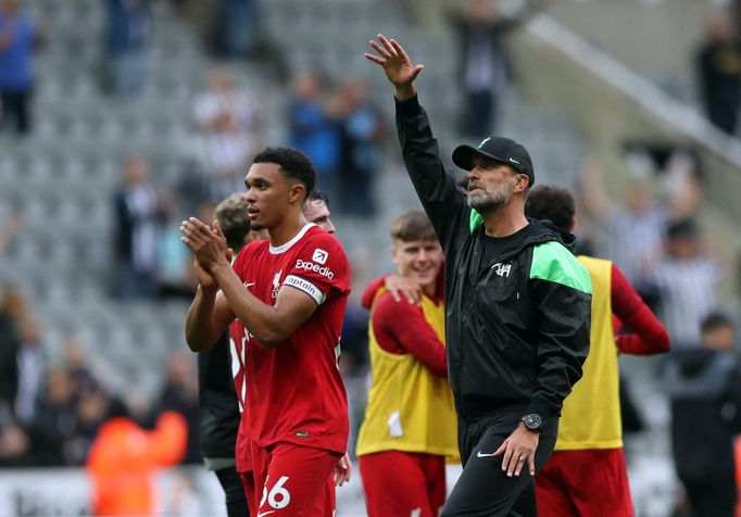 Soccer Football - Premier League - Newcastle United v Liverpool - St James' Park, Newcastle, Britain - August 27, 2023 Liverpool manager Juergen Klopp celebrates after th