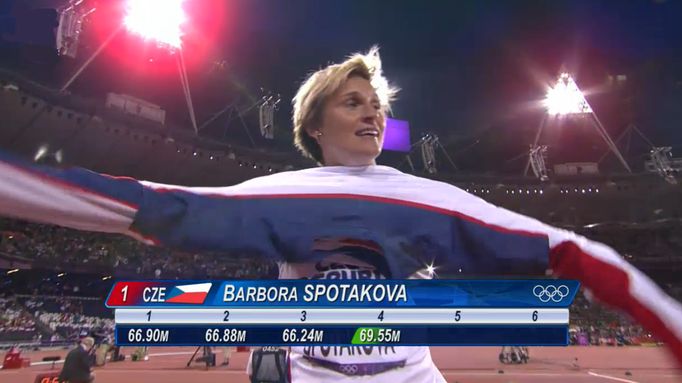 Česká oštěpařka Barbora Špotáková po třetím pokusu ve finále na OH 2012 v Londýně.